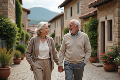 Couple retire en promenade dans un village europeen