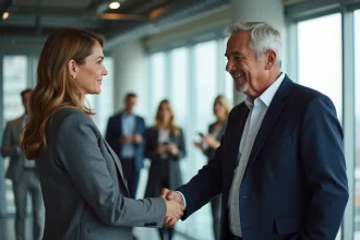 Patron partant à la retraite serrant chaleureusement la main d'une collaboratrice dans un bureau moderne