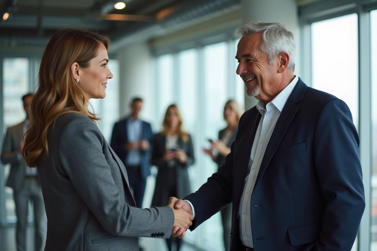 Patron partant à la retraite serrant chaleureusement la main d'une collaboratrice dans un bureau moderne