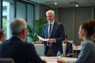 Discours de départ en retraite dans une salle de conférence d'entreprise moderne, homme en costume prenant la parole devant ses collègues
