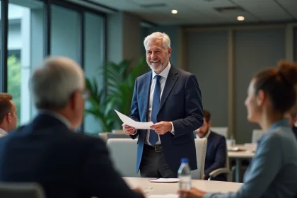 Discours de départ en retraite dans une salle de conférence d'entreprise moderne, homme en costume prenant la parole devant ses collègues