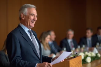 Homme en costume prenant la parole lors de son discours de départ en retraite devant ses collègues réunis