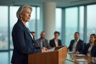 Femme prononçant un discours de départ à la retraite devant ses collègues dans une salle de conférence moderne