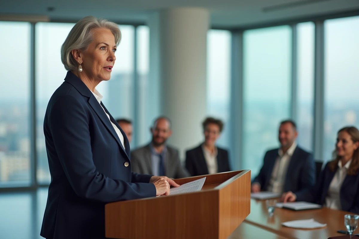 Femme prononçant un discours de départ à la retraite devant ses collègues dans une salle de conférence moderne