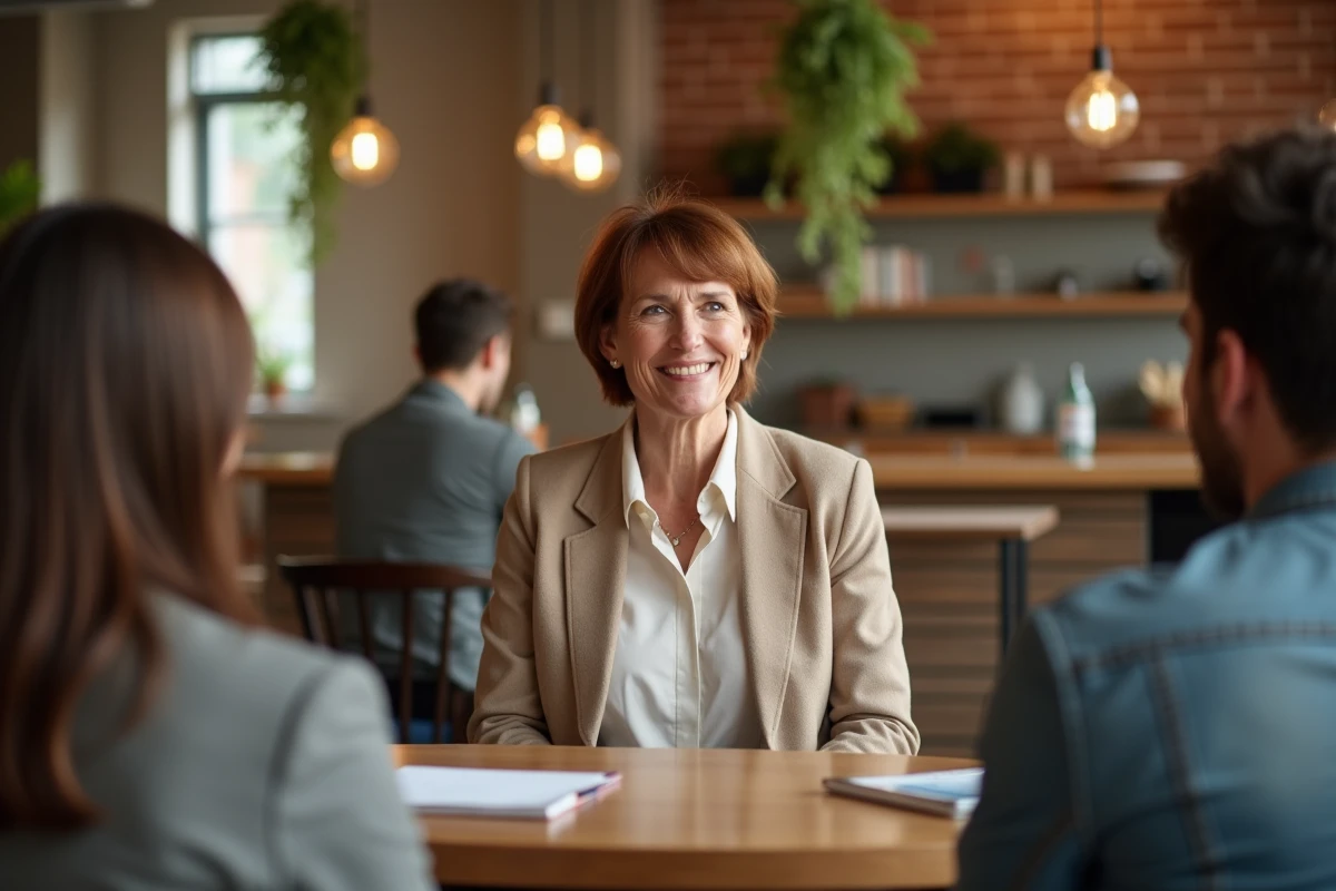 Femme prononçant un discours de retraite dans une ambiance détendue de bureau créatif, entourée de collègues attentifs autour d'une table ronde