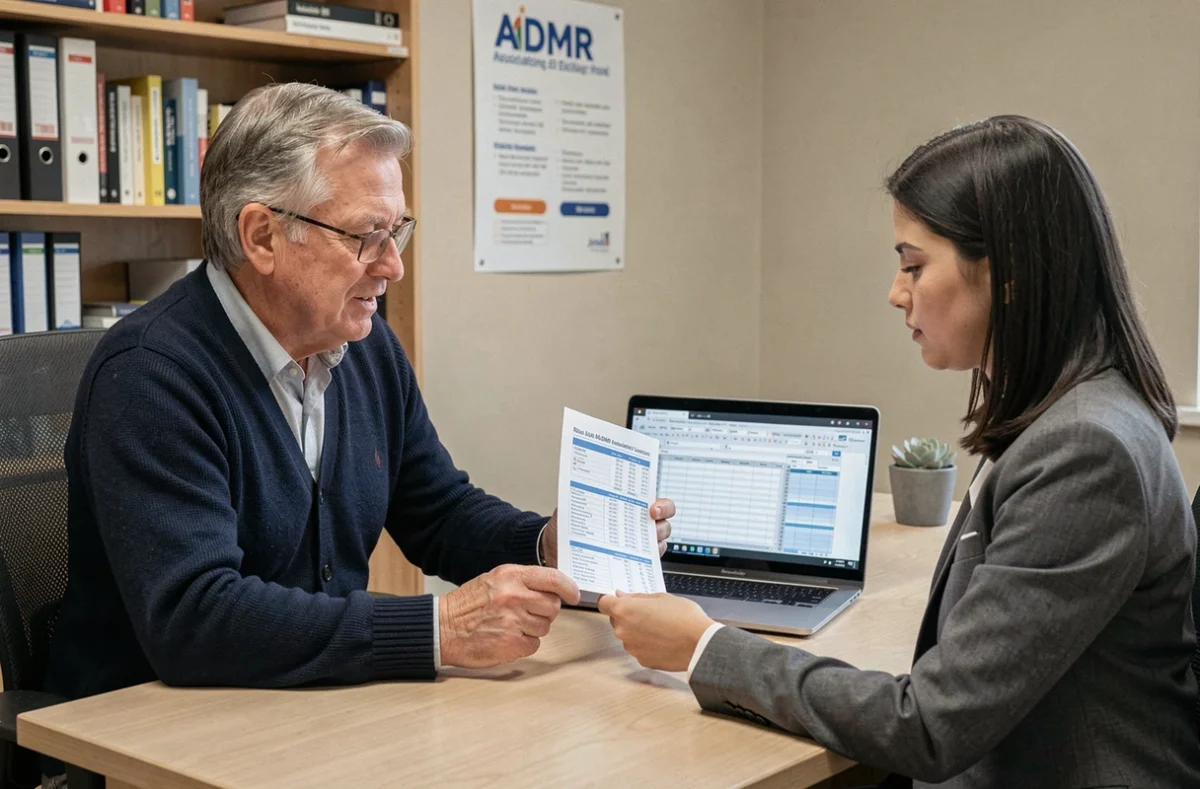 Un homme discute du prix de l'heure ADMR avec une coordinatrice d'association locale dans un bureau administratif