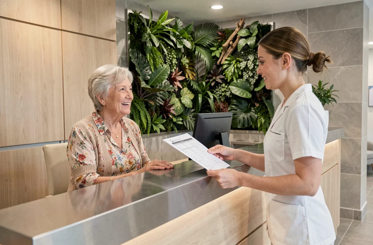 Résidente senior accueillie par un membre du personnel au centre de bien-être d'une résidence Domitys Paris moderne