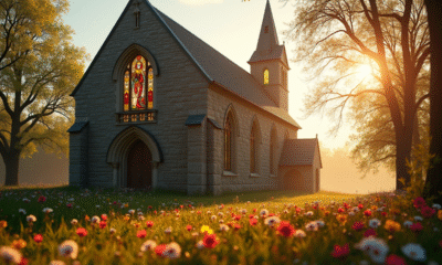 Eglise en pierre au matin avec vitraux de saint et fleurs printanières