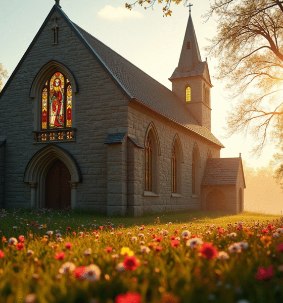 Eglise en pierre au matin avec vitraux de saint et fleurs printanières