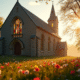 Eglise en pierre au matin avec vitraux de saint et fleurs printanières