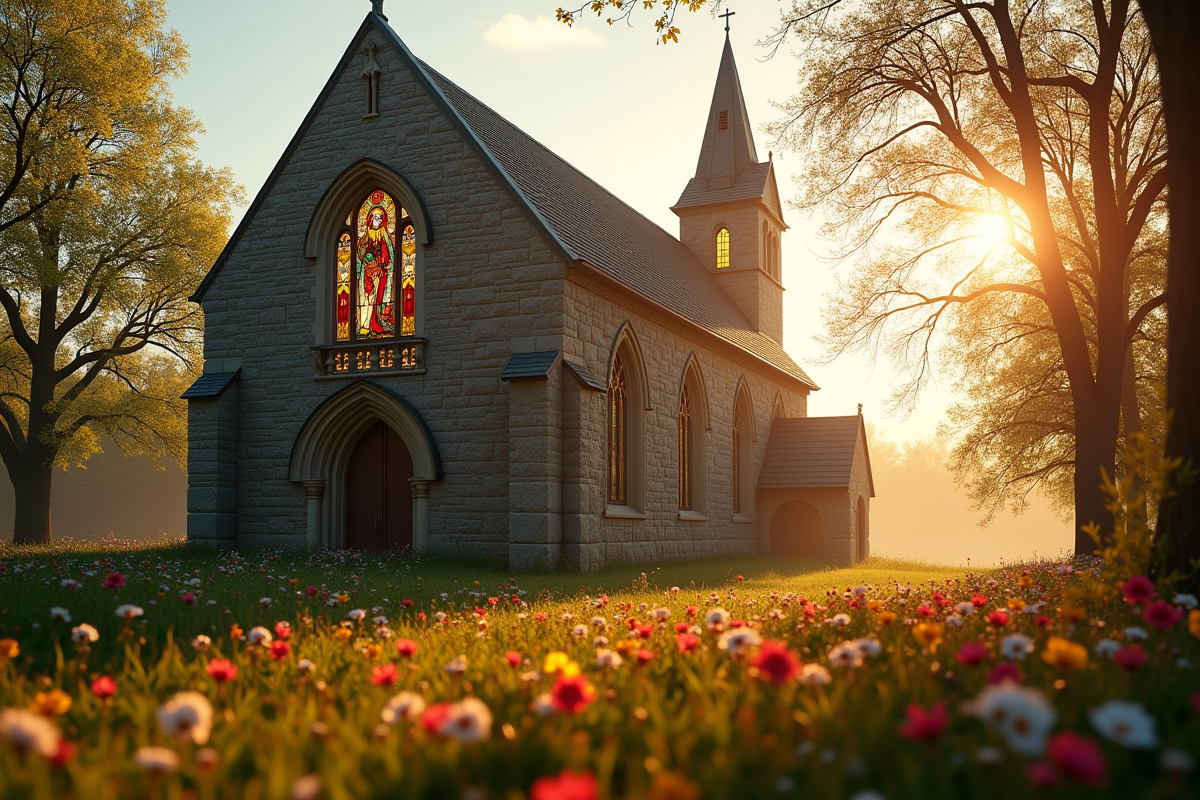 Eglise en pierre au matin avec vitraux de saint et fleurs printanières