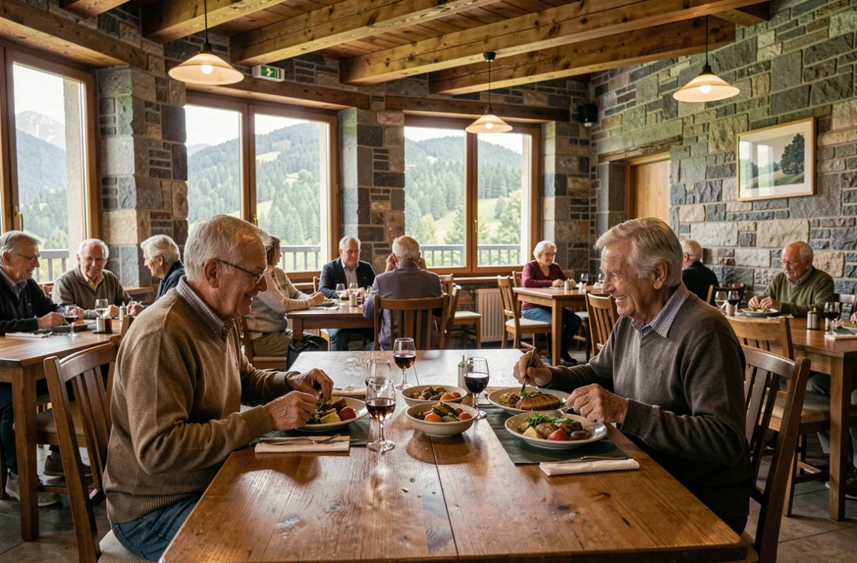 Couple de résidents partageant un repas dans la salle à manger en pierre et bois de l'EHPAD Résidence de Franche-Montagne à Maîche