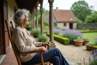 Résidente âgée assise sur la terrasse d'un EHPAD rural entouré de verdure et de murs en pierre