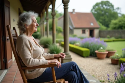 Résidente âgée assise sur la terrasse d'un EHPAD rural entouré de verdure et de murs en pierre
