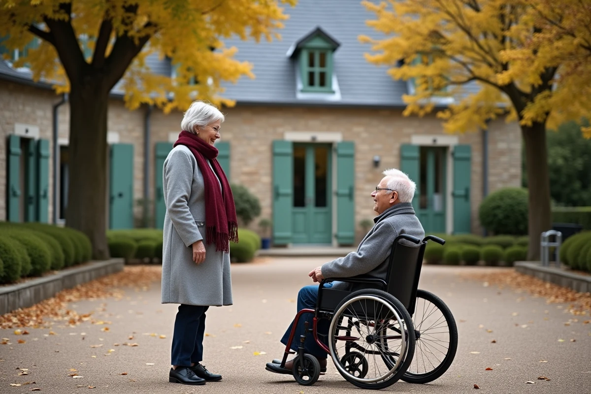 Famille rendant visite à un proche résident en fauteuil roulant devant l'entrée d'un EHPAD en milieu rural