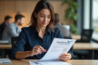 Femme employée consultant un document chèque vacances dans un bureau moderne en 2026