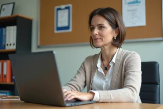 Professeure assise devant un ordinateur avec portail Scolinfo