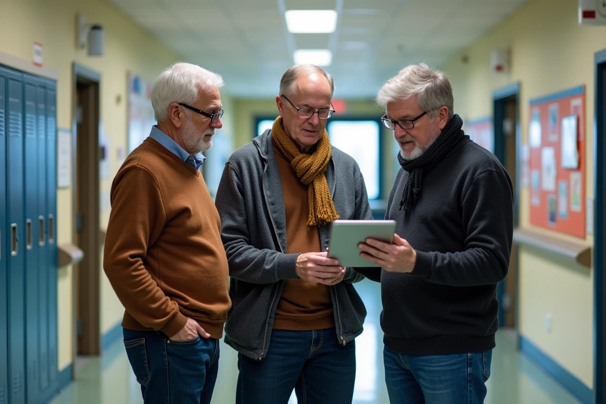Trois enseignants discutant avec une tablette dans le couloir