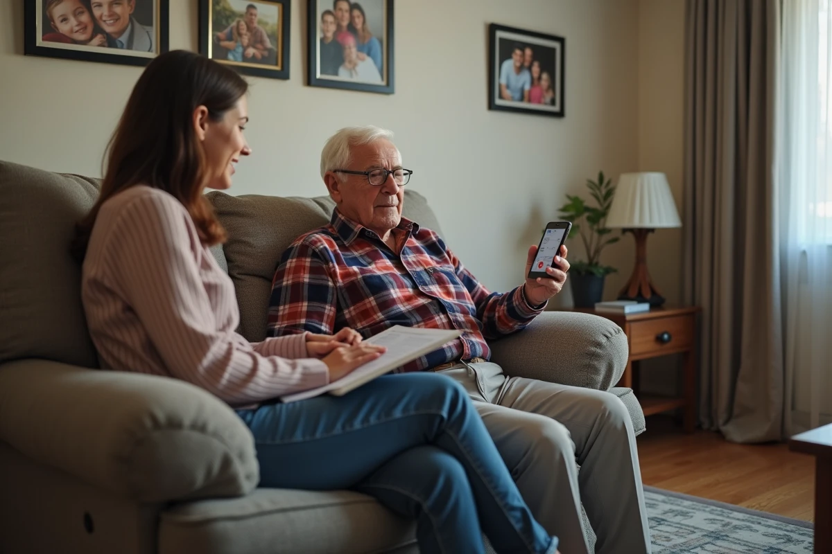 Personne âgée en téléconsultation gériatrique assistée par une aidante avec grille d'évaluation ADL à domicile