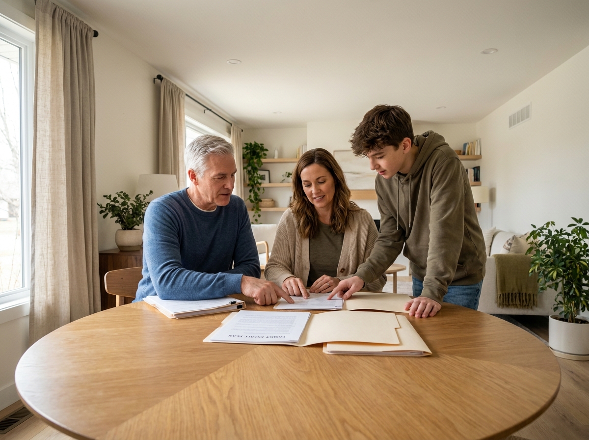 Famille réunie autour d'une table discutant sereinement de la planification des obsèques et des documents préparatifs