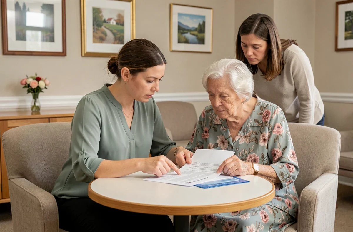 Travailleuse sociale présentant la charte de la personne âgée à une résidente et sa famille en EHPAD