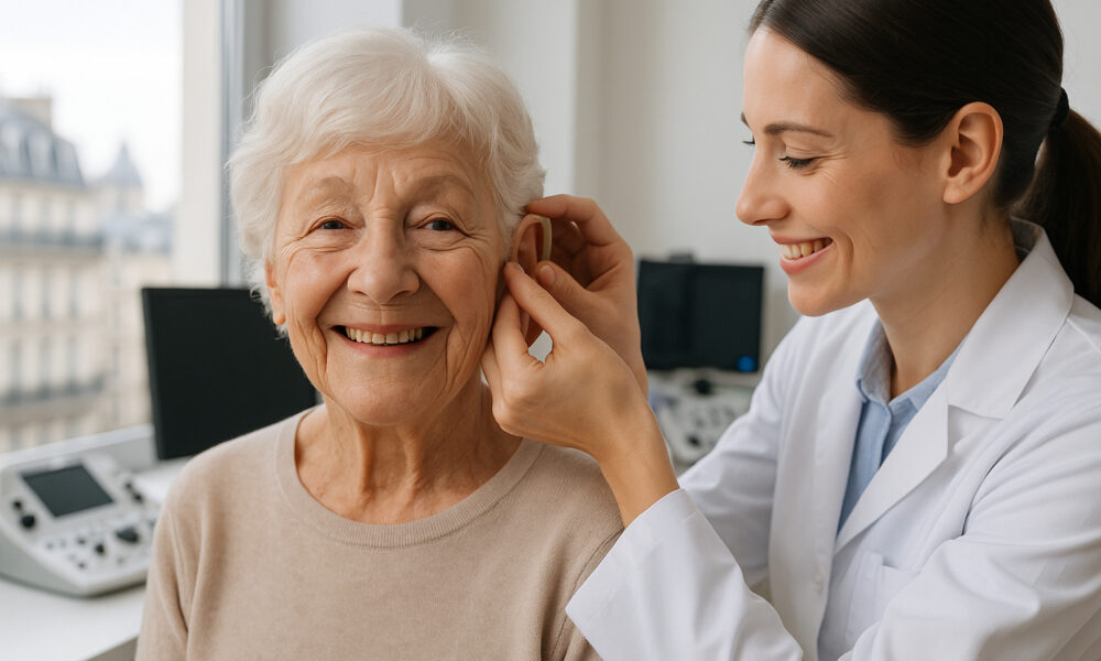 Femme agee souriante avec appareil auditif dans une clinique parisienne