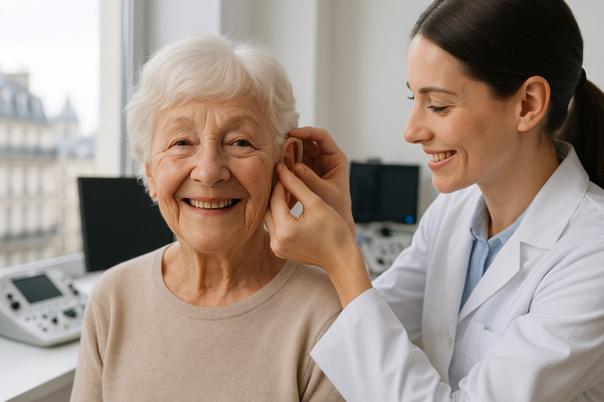 Femme agee souriante avec appareil auditif dans une clinique parisienne