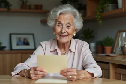 Femme âgée souriante lisant une carte d anniversaire à la maison