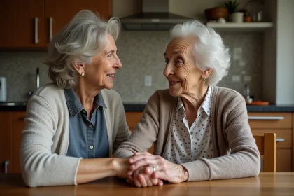 Femme agee avec sa fille dans une cuisine chaleureuse