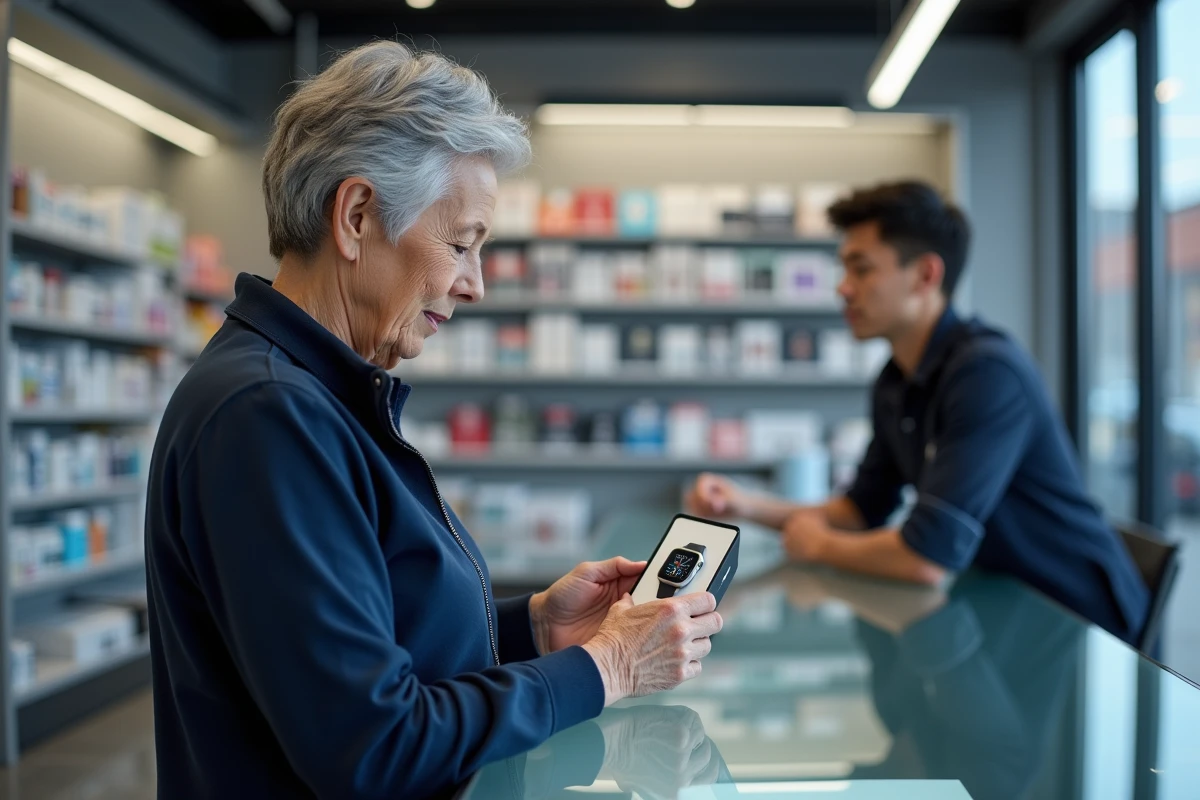 Femme âgée lisant l'emballage d'une montre connectée en magasin avant l'achat
