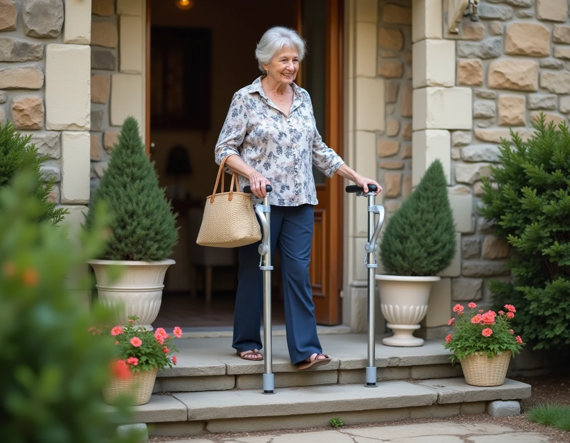 Femme âgée utilisant seule un monte-escalier portable sur des marches en pierre extérieures d'une maison française