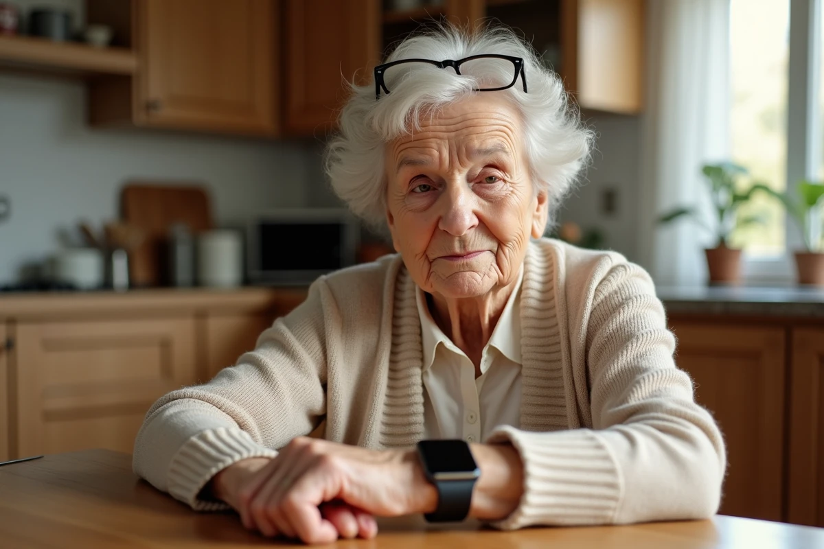 Femme âgée examinant une montre connectée à la cuisine avant de l'acheter