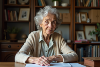 Femme agee lisant des documents dans un appartement parisien