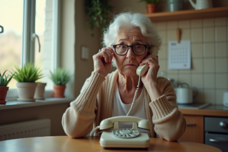 Femme agee au telephone dans sa cuisine modeste