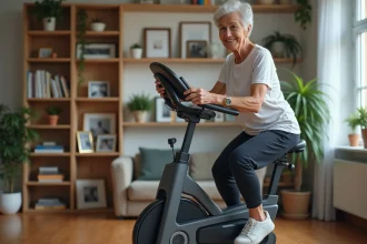 Femme âgée sur un vélo d'appartement dans un salon chaleureux