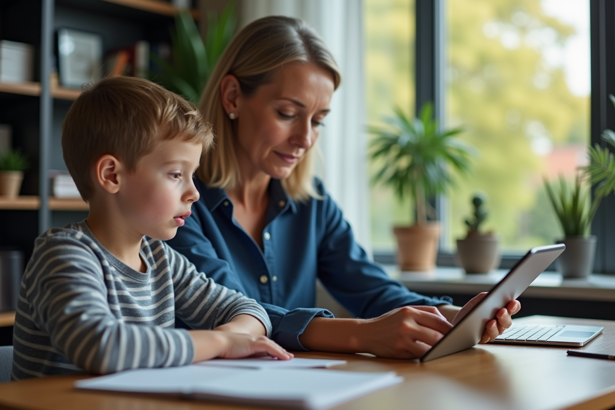 Femme utilisant une application bancaire sur tablette avec son petit-fils