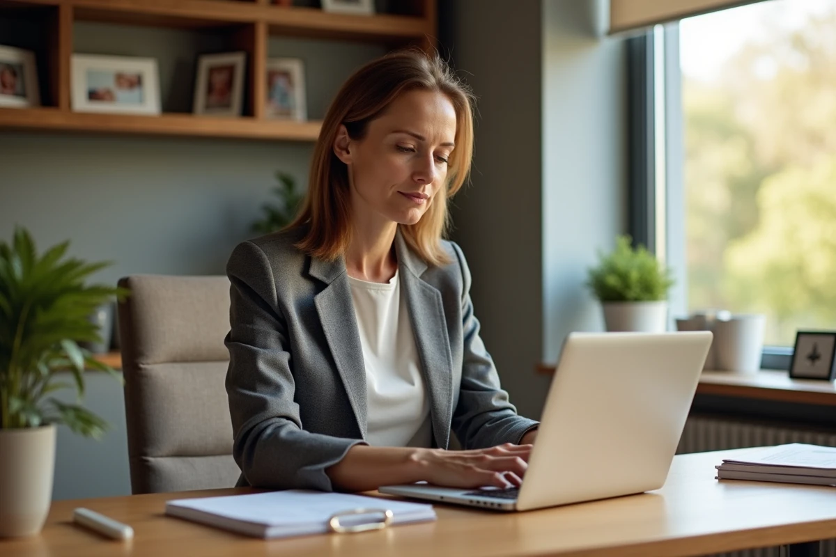 Femme d'âge moyen au bureau à domicile en pleine concentration
