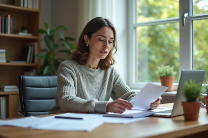 Femme professionnelle lisant des documents dans un bureau calme
