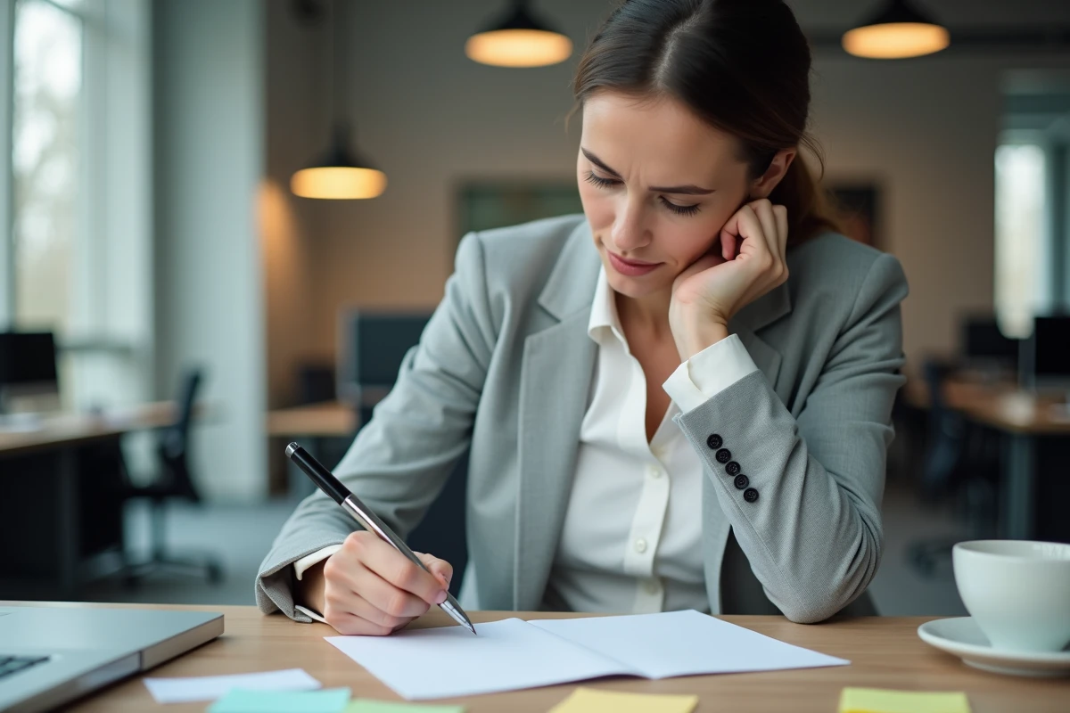 Femme au bureau rédigeant un message de retraite sur une carte de vœux pour un collègue peu connu