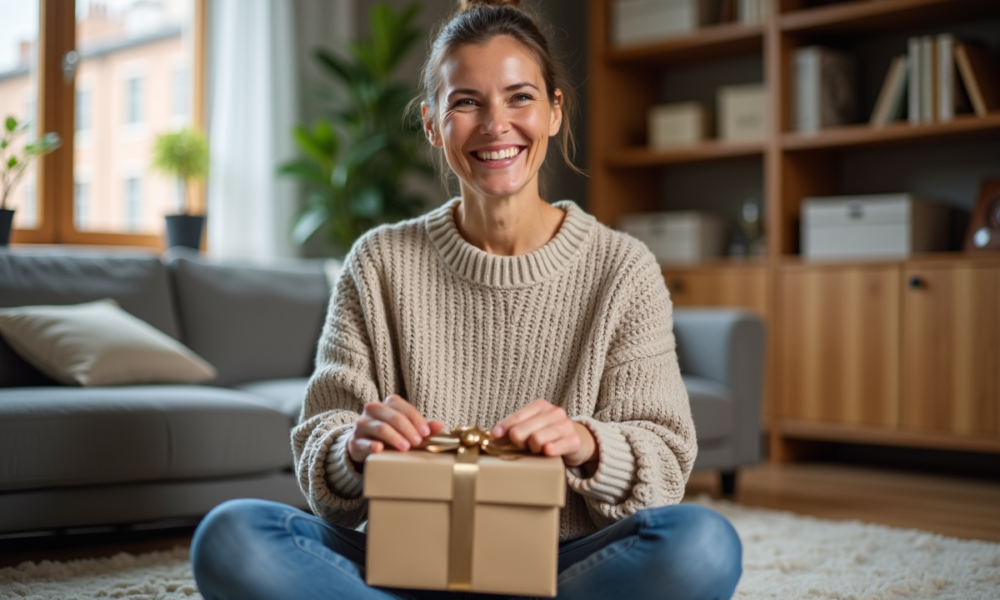 Femme souriante déballant un cadeau de Noël dans un salon chaleureux