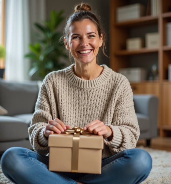 Femme souriante déballant un cadeau de Noël dans un salon chaleureux