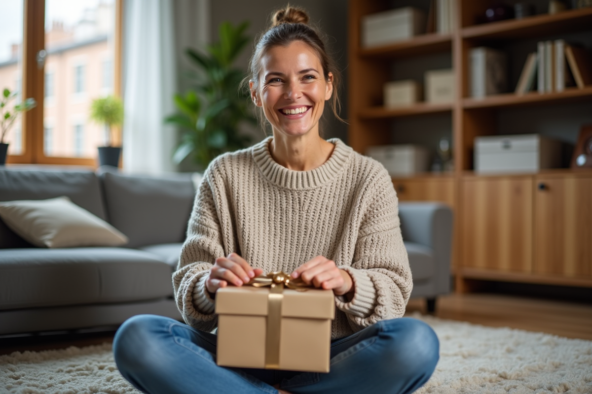 Femme souriante déballant un cadeau de Noël dans un salon chaleureux