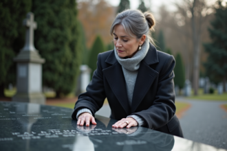 Femme contemplant une pierre tombale gravée dans un cimetière calme