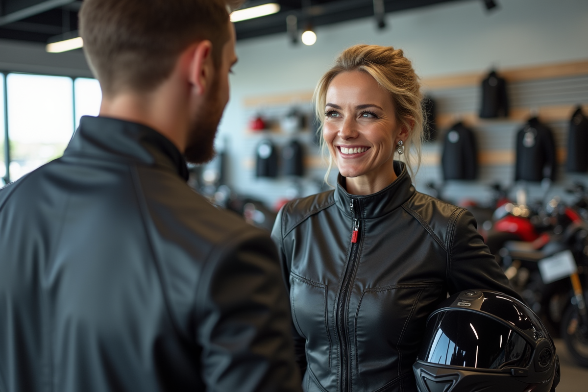 Femme en équipement moto consultante en showroom lumineux