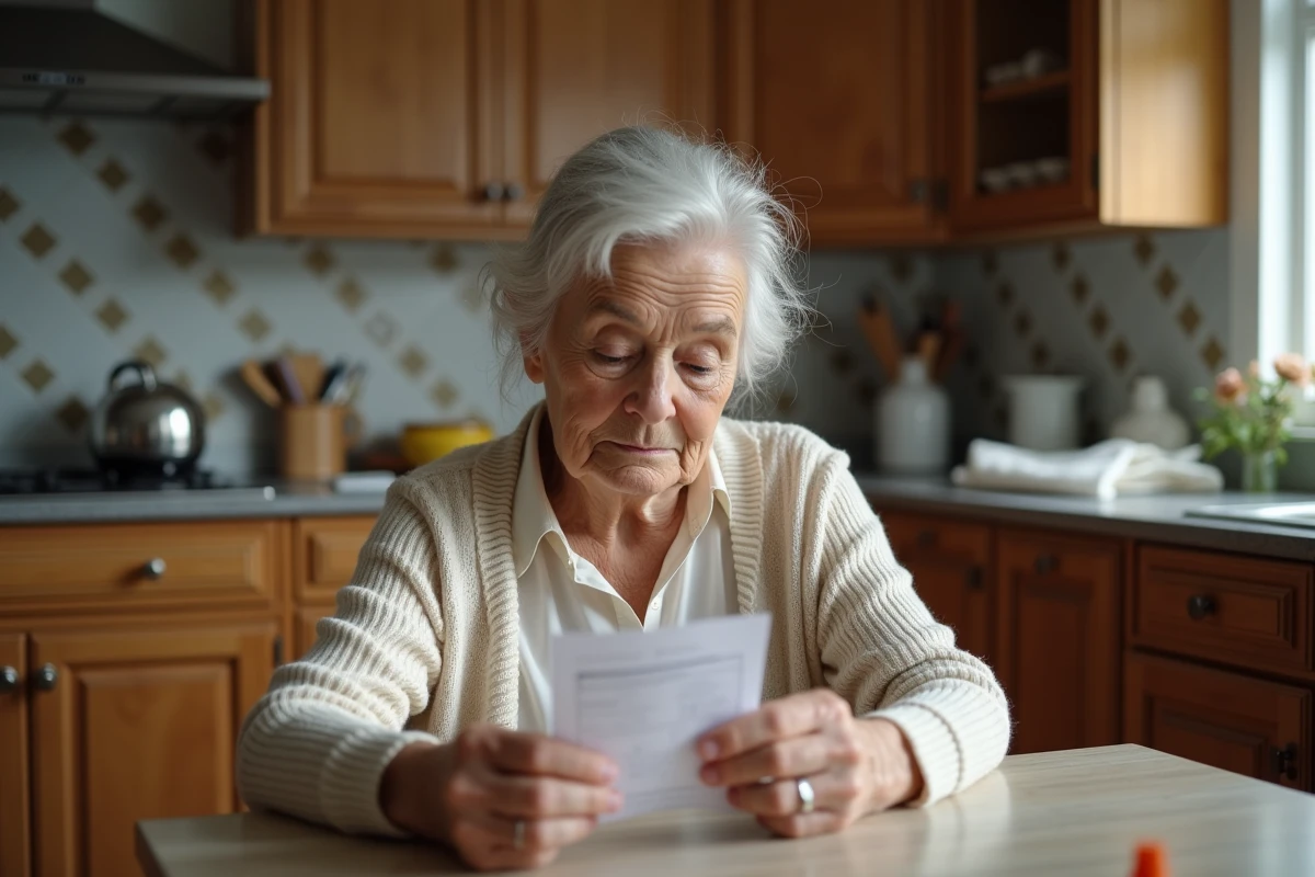 Femme âgée lisant une étiquette de prescription dans sa cuisine