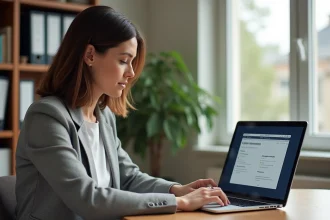 Femme consultant son espace personnel Carsat sur un ordinateur portable dans un bureau à domicile