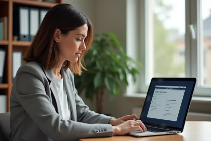 Femme consultant son espace personnel Carsat sur un ordinateur portable dans un bureau à domicile