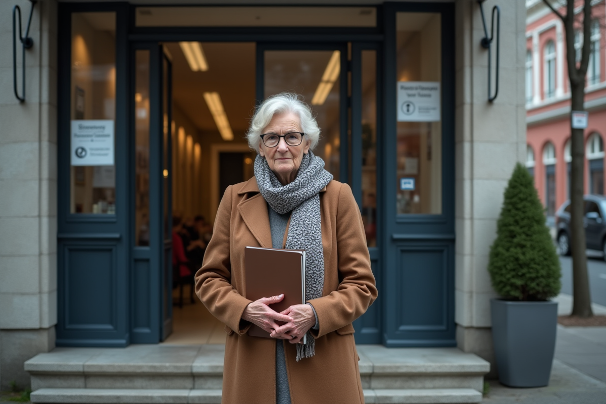 Femme âgée en attente devant un bureau d