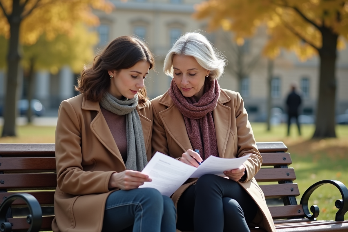 Femme et fille discutant documents sur un banc de parc