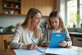 Femme et fille examinant des papiers officiels à la maison